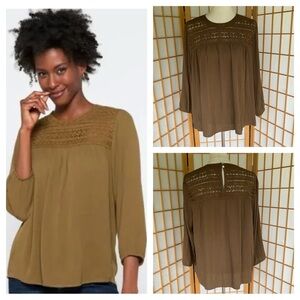 Daniel Rainn Brown Lace Yoke 3/4 Sleeve Boho Top SZ XL